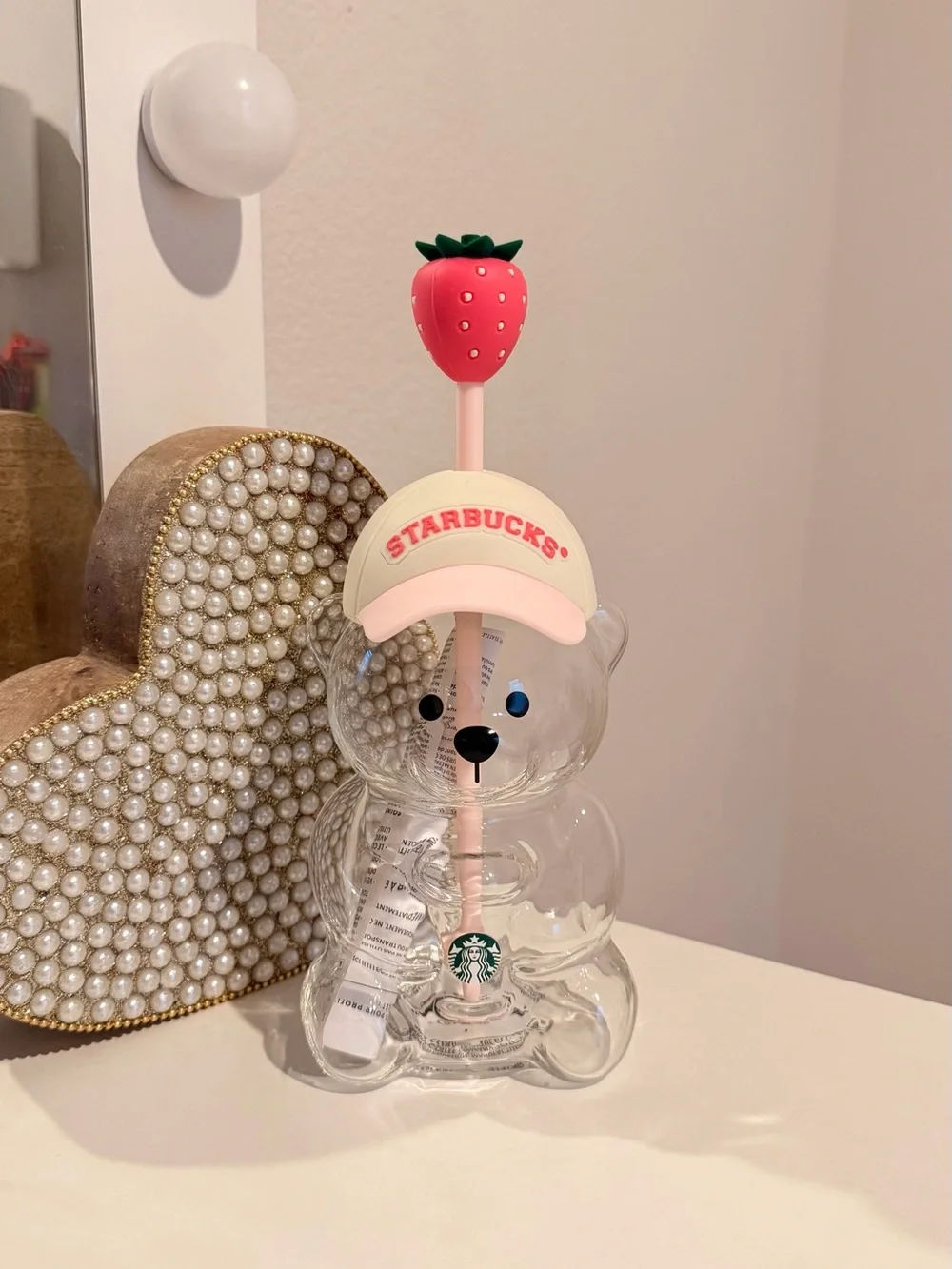 Starbucks Clear Bear Tumbler with Pink Strawberry Straw